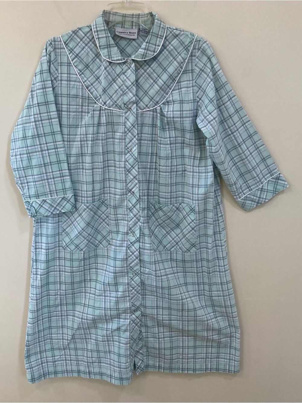 Country Store Housecoat Sz L Snap Front 3/4 Sleeve Green Plaid Cotton Blend Robe
